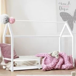 IDMARKET Lit Cabane Enfant 90 X 190 CM NESSI Blanc Avec Sommier Et Barrières