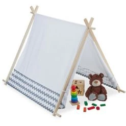 Relaxdays Tipi Enfant, Tente De Jeu Intérieur, Wigwam Décoratif Avec Fenêtre, H X L X P 92 X 92 X 120 Cm, Blanc/gris