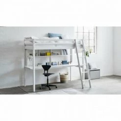 AUTRES Lit Mezzanine Combiné - Bois Massif - Blanc Laqué - Sommier A Lattes Inclus - 90 X 200 Cm