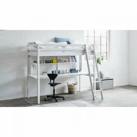 AUTRES Lit Mezzanine Combiné - Bois Massif - Blanc Laqué - Sommier A Lattes Inclus - 90 X 200 Cm 1 AUTRES Lit Mezzanine Combiné - Bois Massif - Blanc Laqué - Sommier A Lattes Inclus - 90 X 200 Cm