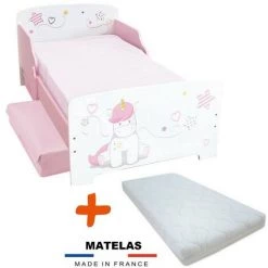 BEBEGAVROCHE Pack Lit + Matelas Licorne Cœur Et étoile Rose = Lit + Sommier +Matelas + 2 Tiroirs De Rangement - 70x140 Cm - Rose
