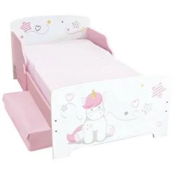 BEBEGAVROCHE Pack Lit + Matelas Licorne Cœur Et étoile Rose = Lit + Sommier +Matelas + 2 Tiroirs De Rangement - 70x140 Cm - Rose -Lit enfant Soldes Boutique 33713401 3