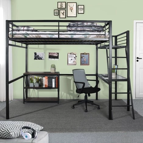 MEUBLES COSY Lit Mezzanine Adulte En Noir Métal Laqué époxy Avec Bureau - Sommier à Lattes - 140x190cm - Matelas Non Inclus - NOIR 3 MEUBLES COSY Lit Mezzanine Adulte En Noir Métal Laqué époxy Avec Bureau - Sommier à Lattes - 140x190cm - Matelas Non Inclus - NOIR – Image 3