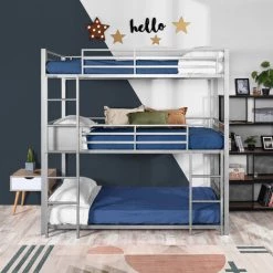 MEUBLES COSY Lit Superposé 3 Couchages,structure Métal Gris,sommier à Lattes Avec échelle Et Barrière De Protection,matelas Non Inclus -Lit enfant Soldes Boutique 33860738 3