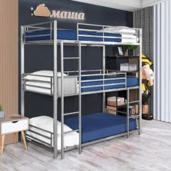 MEUBLES COSY Lit Superposé 3 Couchages,structure Métal Gris,sommier à Lattes Avec échelle Et Barrière De Protection,matelas Non Inclus -Lit enfant Soldes Boutique 33860738 4
