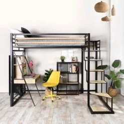 MEUBLES COSY Lit Mezzanine Métal Noir Et Effet Transfert Bois Avec Sommier Tapissier + échelle MDF + Rangement-Matelas 140x200cm - NOIR -Lit enfant Soldes Boutique 33860759 3