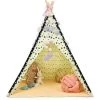 COSTWAY Tente Tipi Pour Enfants En Toile De Coton Avec Tapis De Sol Fenêtre Poches Latérales Et Perches En Bois 122 X 117,5 X 150 Cm