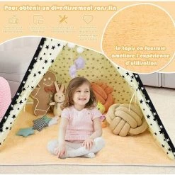 COSTWAY Tente Tipi Pour Enfants En Toile De Coton Avec Tapis De Sol Fenêtre Poches Latérales Et Perches En Bois 122 X 117,5 X 150 Cm -Lit enfant Soldes Boutique 34636451 4