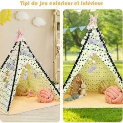 COSTWAY Tente Tipi Pour Enfants En Toile De Coton Avec Tapis De Sol Fenêtre Poches Latérales Et Perches En Bois 122 X 117,5 X 150 Cm -Lit enfant Soldes Boutique 34636451 5