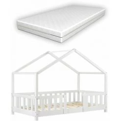 DéCOSHOP26 Lit Pour Enfant Cabane Maison Avec Matelas Barrière Et Sommier En Bois De Pin Blanc 70 X 140 Cm - Blante