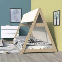 LE QUAI DES AFFAIRES Lit Cabane TIPI 90x190 + 1 Toile + 1 Sommier / Brut/ 200x104x131 Cm