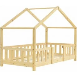 DéCOSHOP26 Lit Cabane Pour Enfant Forme De Maison Avec Barrière De Sécurité En Bois De Pin Couleur Naturel 70 X 140 Cm - Or