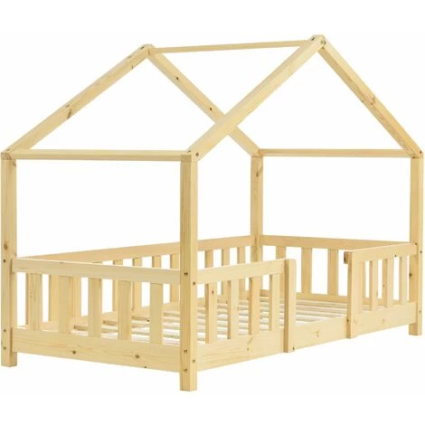 DéCOSHOP26 Lit Cabane Pour Enfant Forme De Maison Avec Barrière De Sécurité En Bois De Pin Couleur Naturel 70 X 140 Cm - Or 1 DéCOSHOP26 Lit Cabane Pour Enfant Forme De Maison Avec Barrière De Sécurité En Bois De Pin Couleur Naturel 70 X 140 Cm - Or