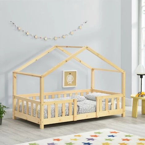 DéCOSHOP26 Lit Cabane Pour Enfant Forme De Maison Avec Barrière De Sécurité En Bois De Pin Couleur Naturel 70 X 140 Cm - Or 2 DéCOSHOP26 Lit Cabane Pour Enfant Forme De Maison Avec Barrière De Sécurité En Bois De Pin Couleur Naturel 70 X 140 Cm - Or – Image 2
