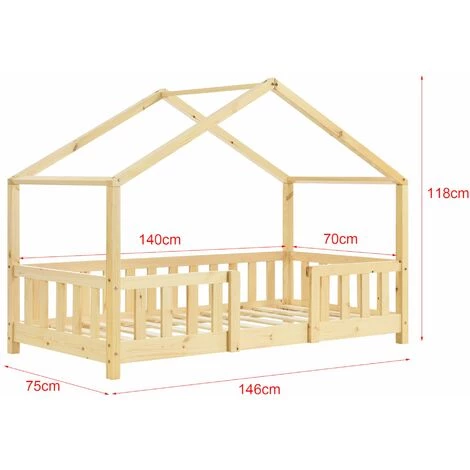 DéCOSHOP26 Lit Cabane Pour Enfant Forme De Maison Avec Barrière De Sécurité En Bois De Pin Couleur Naturel 70 X 140 Cm - Or 3 DéCOSHOP26 Lit Cabane Pour Enfant Forme De Maison Avec Barrière De Sécurité En Bois De Pin Couleur Naturel 70 X 140 Cm - Or – Image 3