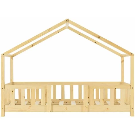 DéCOSHOP26 Lit Cabane Pour Enfant Forme De Maison Avec Barrière De Sécurité En Bois De Pin Couleur Naturel 70 X 140 Cm - Or 4 DéCOSHOP26 Lit Cabane Pour Enfant Forme De Maison Avec Barrière De Sécurité En Bois De Pin Couleur Naturel 70 X 140 Cm - Or – Image 4