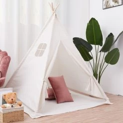 UNHO Tipi Enfant Intéieur- Tente De Jeux Avec Tapis Et Fenêtre Décoratif, Tente Pour Chambre D'Enfants, Cadeau Parfait Pour Fille Garçon - 120x120x130cm (Blanc) -Lit enfant Soldes Boutique 36779060 3