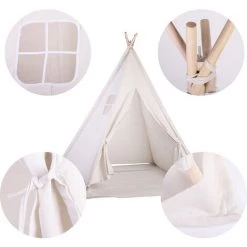 UNHO Tipi Enfant Intéieur- Tente De Jeux Avec Tapis Et Fenêtre Décoratif, Tente Pour Chambre D'Enfants, Cadeau Parfait Pour Fille Garçon - 120x120x130cm (Blanc) -Lit enfant Soldes Boutique 36779060 5