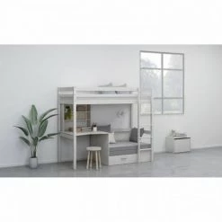 AUTRES Lit Mezzanine Combiné - Bois Massif - Blanc - Sommier Inclus - 90x 200 Cm