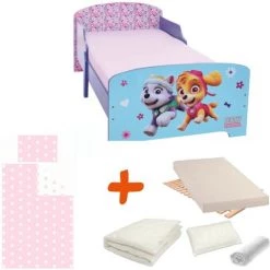 BEBEGAVROCHE Pack Complet Premium Lit Fille Pat Patrouille = Lit+Matelas & Parure+Couette+Oreiller - Bleu