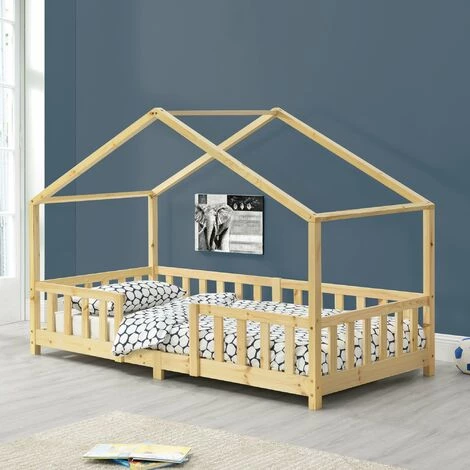 DéCOSHOP26 Lit Pour Enfant En Forme Maison Avec Barrière De Protection Construction Solide Bois De Pin 200 X 90 Cm - Or 2 DéCOSHOP26 Lit Pour Enfant En Forme Maison Avec Barrière De Protection Construction Solide Bois De Pin 200 X 90 Cm - Or – Image 2