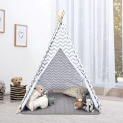 GOPLUS Tipi/Tente Indienne,Tipi Enfant Avec Tapis Rembourré,Grande Maison De Jeu Pliable Solides Intérieure Et Extérieure,Toile En Coton Tente De Jeu Avec Fenêtre Pour Enfants, 120x120x160CM -Lit enfant Soldes Boutique 39626827 3