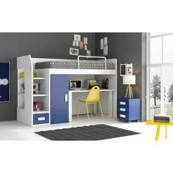 LES TENDANCES Lit Combiné Enfant Haut De Gamme Versaci 90x190 Cm - Matelas Sans Matelas - Façade Bleu Marine