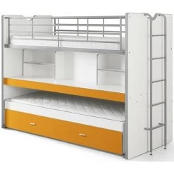 LES TENDANCES Lit Superposé 3 Niveaux Bois Blanc Et Orange Bonny 90x200 Cm