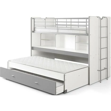 LES TENDANCES Lit Superposé 3 Niveaux Avec Sommier Bois Blanc Et Gris Bonny 90x200 Cm 2 LES TENDANCES Lit Superposé 3 Niveaux Avec Sommier Bois Blanc Et Gris Bonny 90x200 Cm – Image 2