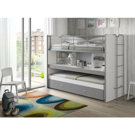 LES TENDANCES Lit Superposé 3 Niveaux Avec Sommier Bois Blanc Et Gris Bonny 90x200 Cm 3 LES TENDANCES Lit Superposé 3 Niveaux Avec Sommier Bois Blanc Et Gris Bonny 90x200 Cm – Image 3