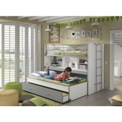 LES TENDANCES Lit Superposé 3 Niveaux Avec Sommier Bois Blanc Et Gris Bonny 90x200 Cm 8 LES TENDANCES Lit Superposé 3 Niveaux Avec Sommier Bois Blanc Et Gris Bonny 90x200 Cm -Lit enfant Soldes Boutique 40644473 4