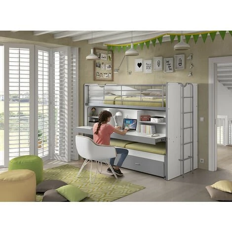 LES TENDANCES Lit Superposé 3 Niveaux Avec Sommier Bois Blanc Et Gris Bonny 90x200 Cm 5 LES TENDANCES Lit Superposé 3 Niveaux Avec Sommier Bois Blanc Et Gris Bonny 90x200 Cm – Image 5