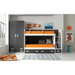 LES TENDANCES Lit Superposé Avec Rangement Bi Couleur Maxo 90x190 Cm - Façade Blanc - Poignées Bleu Marine - Matelas Sans Matelas