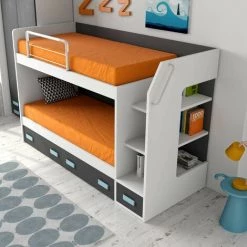 LES TENDANCES Lit Superposé Avec Rangement Bi Couleur Maxo 90x190 Cm - Façade Blanc - Poignées Bleu Marine - Matelas Sans Matelas -Lit enfant Soldes Boutique 40653421 3