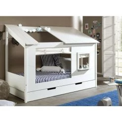 LES TENDANCES Lit Cabane Gigogne 90x200 Cm Pin Massif Fenêtre Avec Rideau Coton Blanc Parade