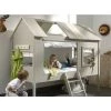 LES TENDANCES Lit Cabane 90x200 Cm Avec Rideau Et Sommier Pin Massif Gris Et Taupe Charlotte
