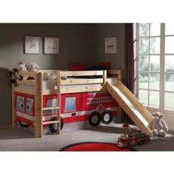 LES TENDANCES Lit Toboggan 90x200 Cm Avec Tente Pompier Pin Massif Clair Pino -Lit enfant Soldes Boutique 40720975 3