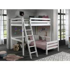 LES TENDANCES Lit Mezzanine 140x200 Cm Et Lit Simple 90x200 Cm Pin Massif Blanc Pino