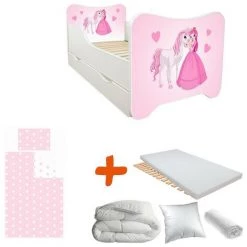 BEBEGAVROCHE Pack Complet Lit Princesse Et Cheval= Lit +sommier+tiroir De Rangement +Matelas & Parure+Couette+Oreiller - 70 X140 Cm - Rose