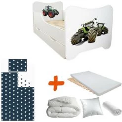 BEBEGAVROCHE Pack Complet Lit Tracteur = Lit +sommier+tiroir De Rangement +Matelas & Parure+Couette+Oreiller - 70 X140 Cm - Multicolor