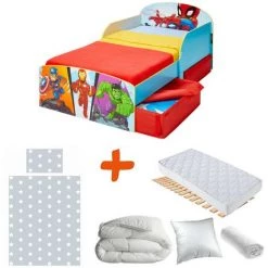 BEBEGAVROCHE Pack Premium Lit Enfant Avec Tiroirs De Rangement Avengers Marvel Disney = Lit+Matelas & Parure+Couette+Oreiller - Multicolor