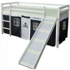 DéCOSHOP26 Lit Mezzanine 90x200cm Avec échelle Toboggan En Bois Blanc Et Toile Noir Pirate - Noir