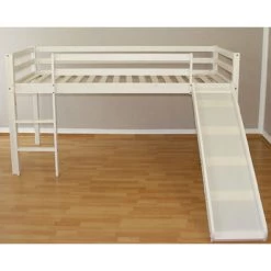 DéCOSHOP26 Lit Mezzanine 90x200cm Avec échelle Toboggan En Bois Blanc Et Toile Noir Pirate - Noir -Lit enfant Soldes Boutique 4482664 4