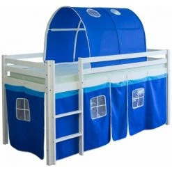 DéCOSHOP26 Lit Mezzanine 90x200cm Avec échelle En Bois Blanc Toile Et Tunnel Bleu - Bleu