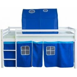 DéCOSHOP26 Lit Mezzanine 90x200cm Avec échelle En Bois Blanc Toile Et Tunnel Bleu - Bleu -Lit enfant Soldes Boutique 4635346 5