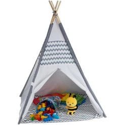Relaxdays Tipi Enfant, Tente De Jeu Intérieur, Wigwam, Pour Petits Indiens, H X L X P 150 X 120 X 120 Cm, Blanc/gris
