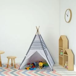 Relaxdays Tipi Enfant, Tente De Jeu Intérieur, Wigwam, Pour Petits Indiens, H X L X P 150 X 120 X 120 Cm, Blanc/gris -Lit enfant Soldes Boutique 47251383 3
