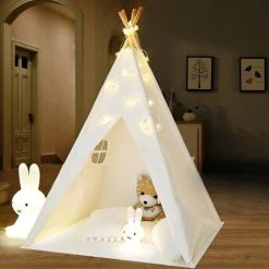 FREOSEN Tente De Jeu Tipi Avec Guirlande Tente Grande Intérieure Extérieure Blanc Toile Indian Teepee Portable Tente Maison