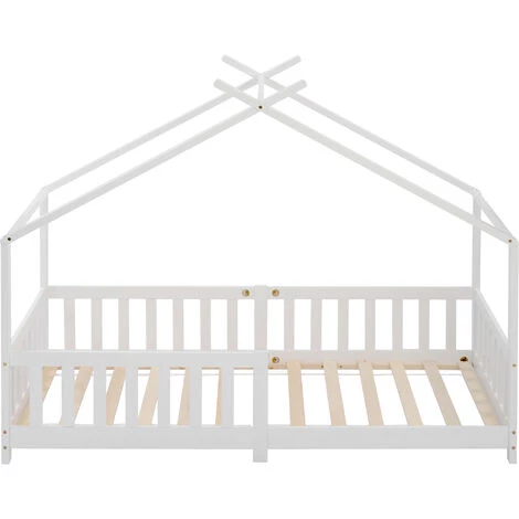 JN.SONGS Lit Enfant Cabane Bois Massif Avec Sommier à Lattes Et Clôture, Protection Anti-chute 90x200 Cm Blanc 3 JN.SONGS Lit Enfant Cabane Bois Massif Avec Sommier à Lattes Et Clôture, Protection Anti-chute 90x200 Cm Blanc – Image 3