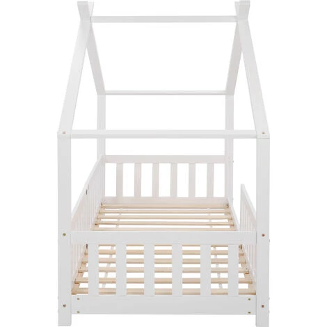 JN.SONGS Lit Enfant Cabane Bois Massif Avec Sommier à Lattes Et Clôture, Protection Anti-chute 90x200 Cm Blanc 4 JN.SONGS Lit Enfant Cabane Bois Massif Avec Sommier à Lattes Et Clôture, Protection Anti-chute 90x200 Cm Blanc – Image 4